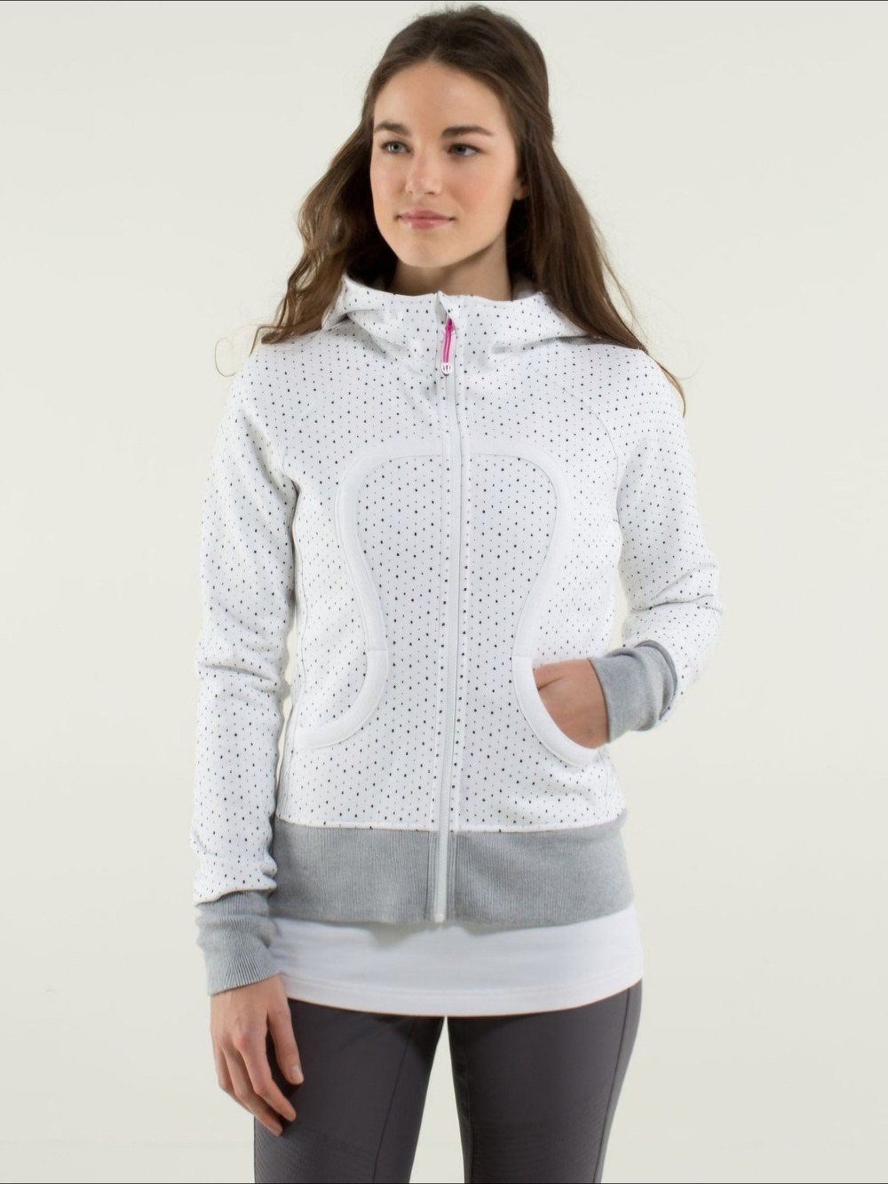 Lululemon Scuba Hoodie Stretch Lined Hood Chevron Dot White Gray Size 10